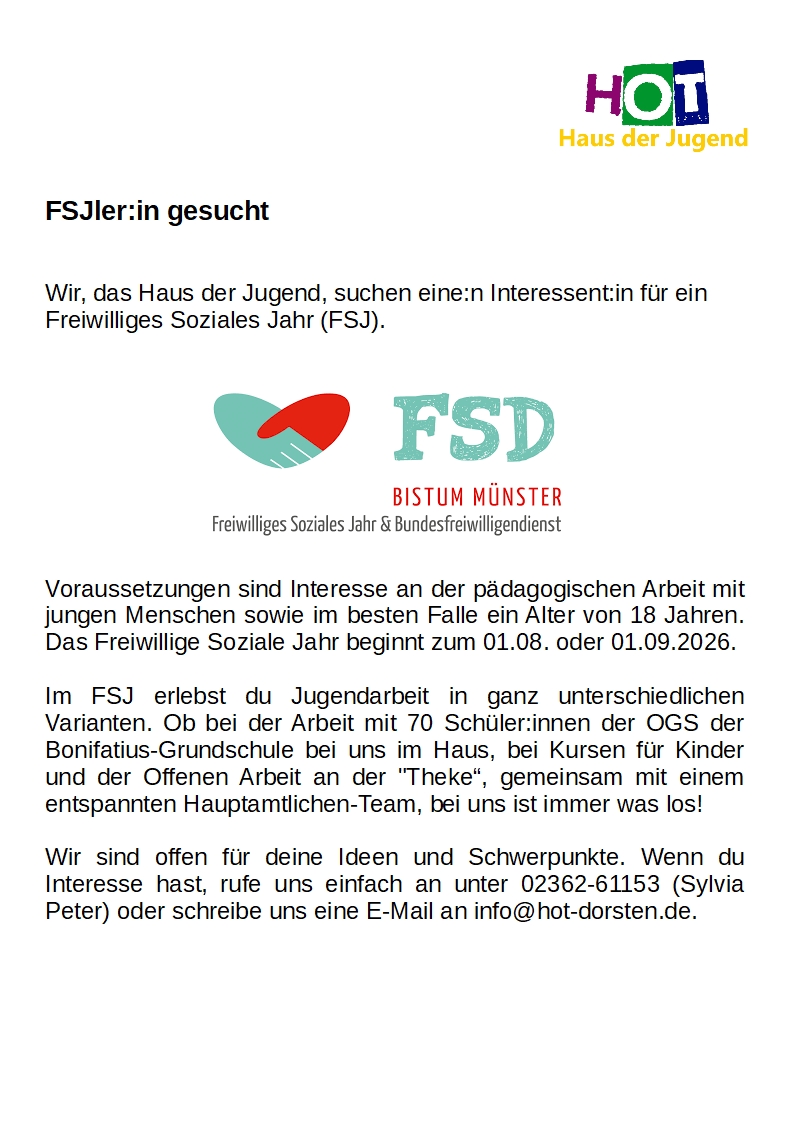 Stellenausschreibung FSJ